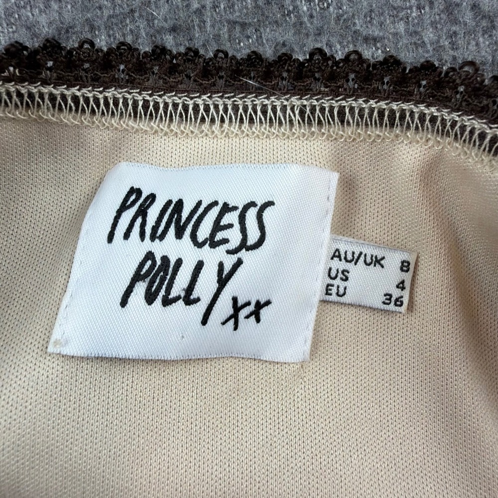 Princess Polly Mini Skirt Women's 4 Brown Zebra Print Mesh Lace Trim Lettuce Hem - Picture 2 of 8